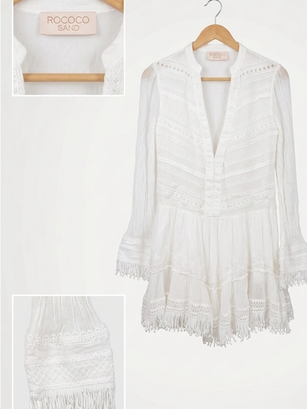 Rococo Sand White Lace Tiered Long-Sleeve Dress